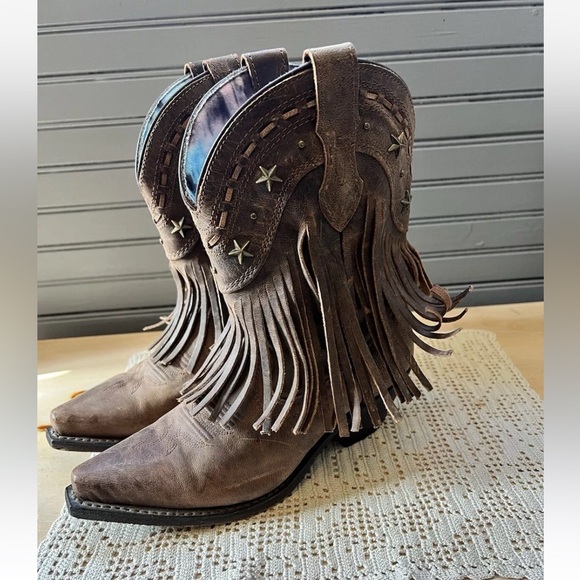 DINGO BOOTS Western Women Lea Vamp Fox Fringe Studded Brown DI7441 Sz 6.5 - Picture 9 of 9